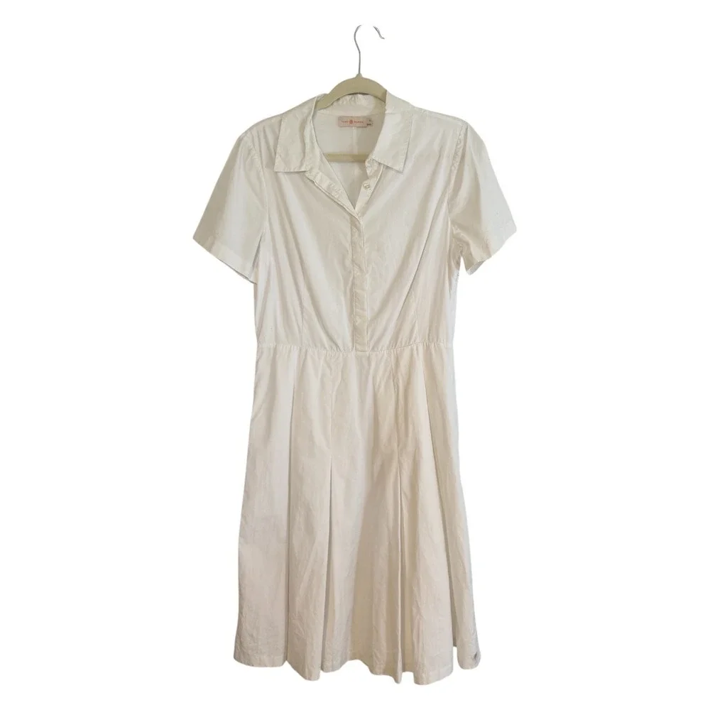 Tory Burch Pleated Shirtdress White 12 Cotton Short Sleeve 51131472 Classic
